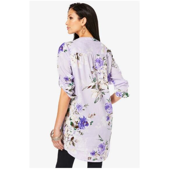 Roaman's Top Womens 24W Tunic Blouse Pintuck Button Lilac Purple Floral Spring - Picture 3 of 12